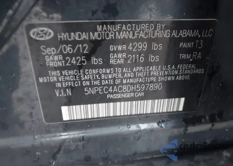 2013 Hyundai Sonata Se z USA, uszkodzony, nr VIN 5NPEC4AC8DH597890